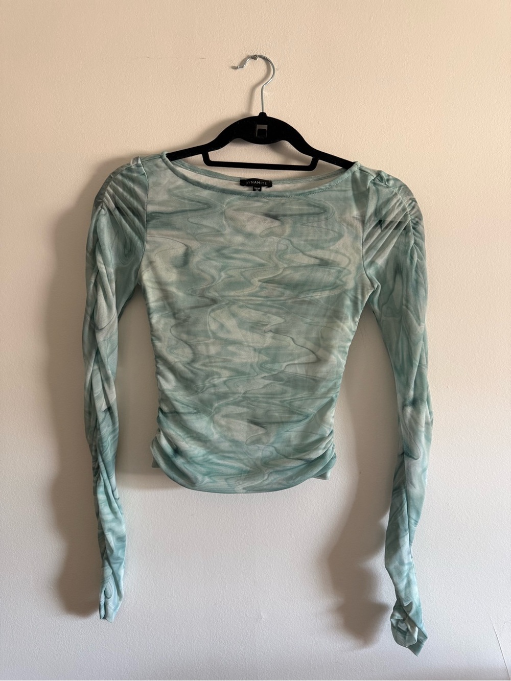 Dynamite Aqua Green Marble-Print Ruched Mesh Long Sleeve Top - size XS